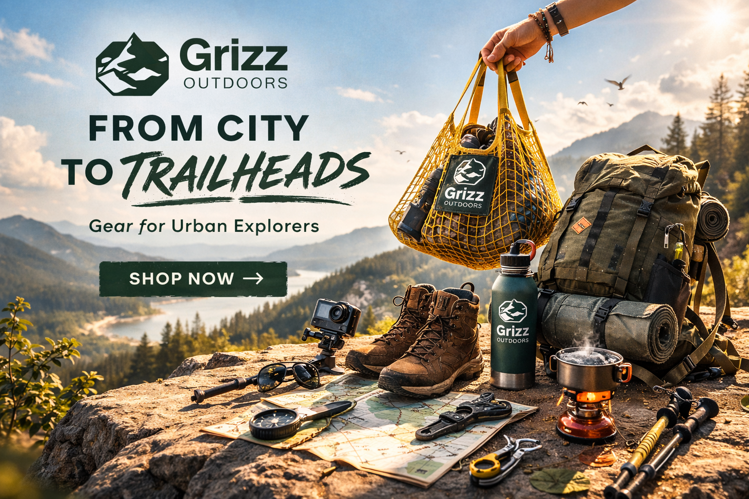 Urban working professional wearing outdoor gear in a mountain setting